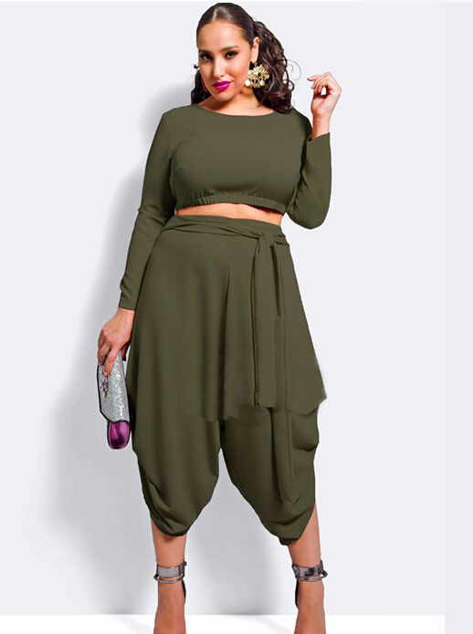 New-Solid-Color-Tight-Crop-Top-With-Loose-Pants-2-Pieces-Plus-Size-Suit-MK-YH7330