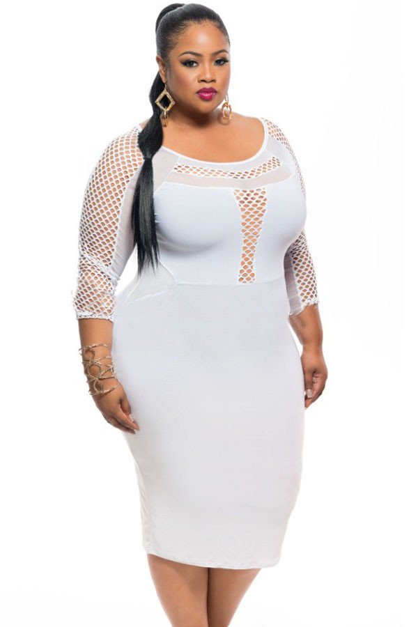 White Plus Size Fishnet Detail Long Sleeve Bodycon Dress